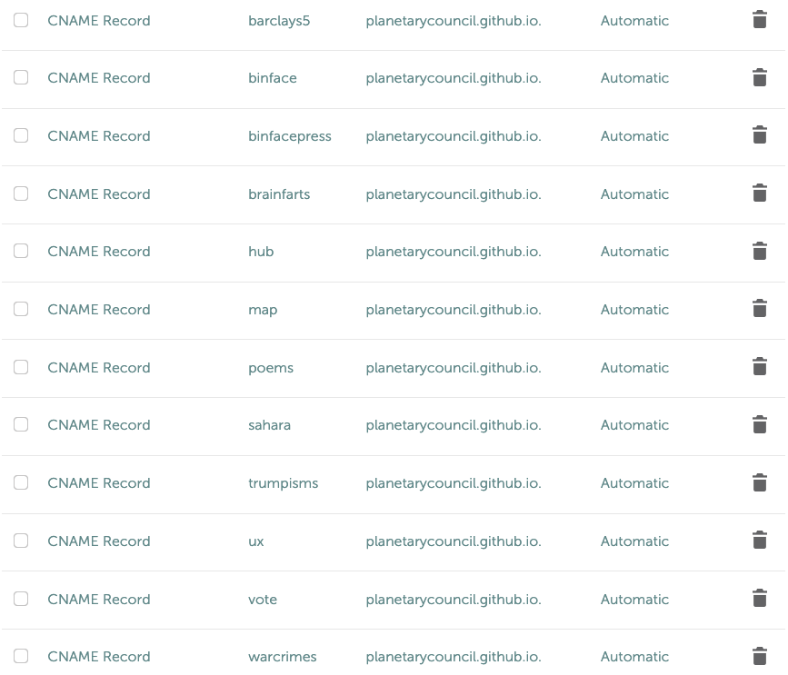 The operator's Namecheap DNS panel, twelve CNAME records